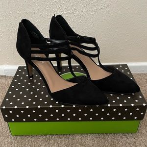 Kelly & Katie Viola-KK Black Suede Point Toe 3-Strap Heels